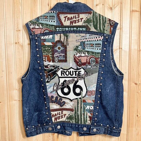 Sundance Jackets & Blazers - VTG Sundance Vest Denim Needlepoint Route 66 Get Your Kicks Hollywood USA Sz M